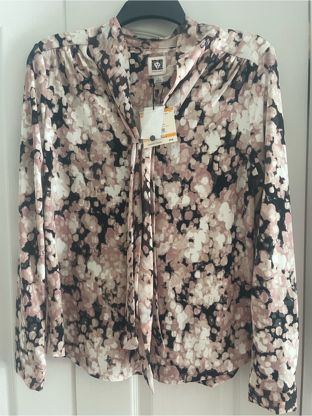 Anne Klein Blush, Black & White Floral Tie-Neck Blouse